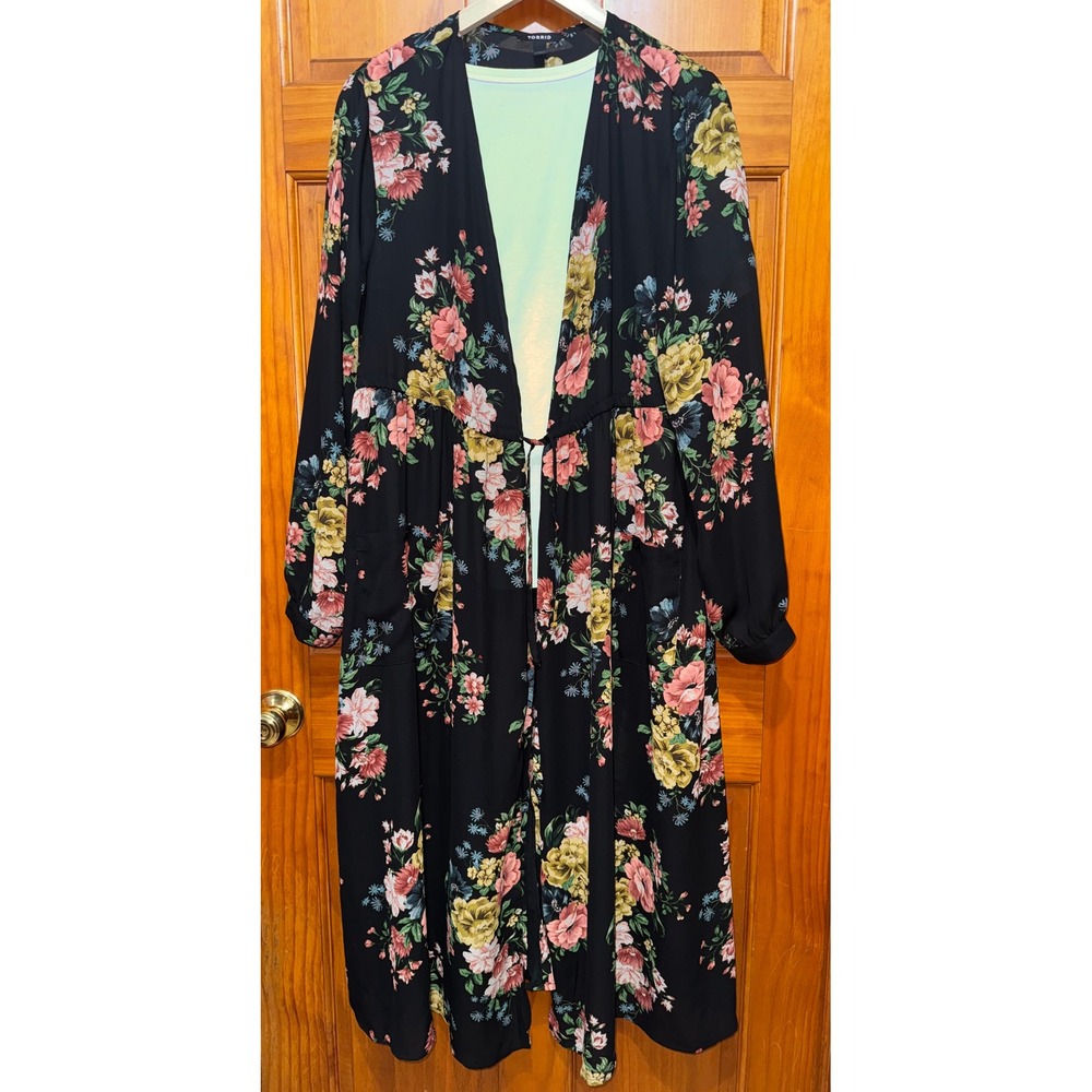 Torrid Floral Duster Kimono Black Rose Print Tie Front Longline Cardigan Size 2